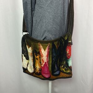 Messenger Style Crossbody Bag Cowboys Boots Flap Top Zip Adjustable Brown Strap